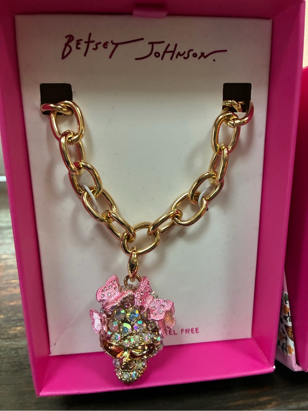 Betsey Johnson Gold-Tone Necklace with Crystal Skull and Pink Butterflies Charm - Picture 2 of 2